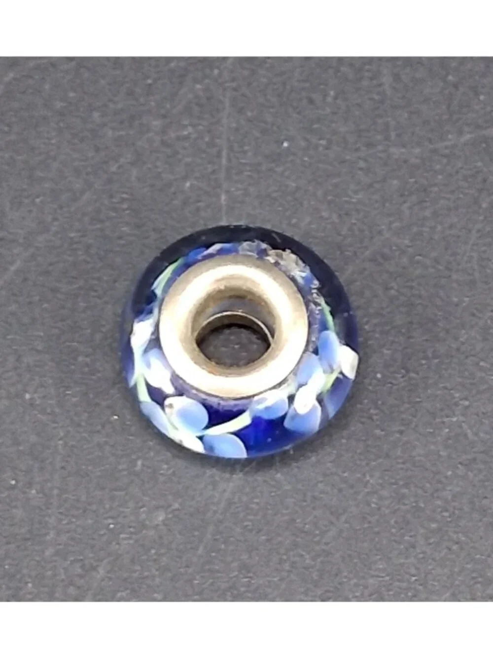 Glass Charm Bead With Blue Floral Design & Metal Core